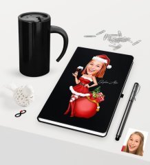 Kişiye Özel Yılbaşı Bayan Karikatürlü Siyah Defter Kalem Termos Mug Seti - 1