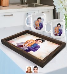 Kişiye Özel Sevgililer Karikatürlü Doğal Ahşap Tepsi ve 2’li Kupa Bardak Seti-89