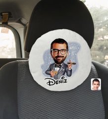 Kişiye Özel İsimli Erkek Patron Karikatürlü Yuvarlak Araç Koltuk Yastığı-3