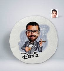 Kişiye Özel İsimli Erkek Patron Karikatürlü Yuvarlak Araç Koltuk Yastığı-3