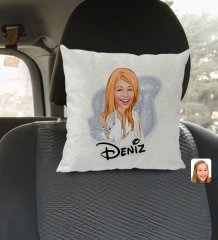 Kişiye Özel İsimli Kadın Model Karikatürlü Kare Araç Koltuk Yastığı-2