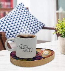 Kişiye Özel Modern Art Tasarımlı Doğal Ahşap Tabaklı Türk Kahvesi Fincanı Sunum Seti Model 20