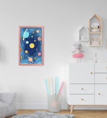 BK Home Galaksi Tasarımlı Dekoratif Pembe Ahşap Çerçeveli Çocuk Odası Tablo-1