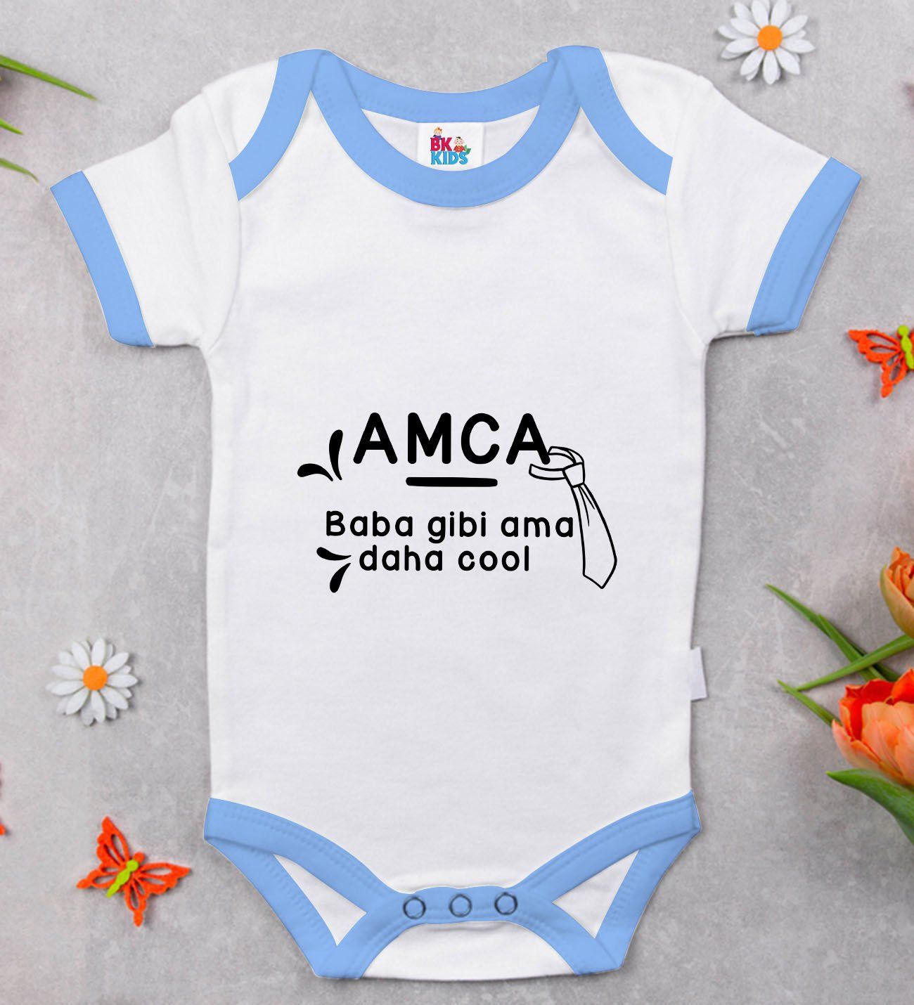 BK Kids Amca Baba Gibi Tasarımlı Mavi Bebek Body Zıbın-1