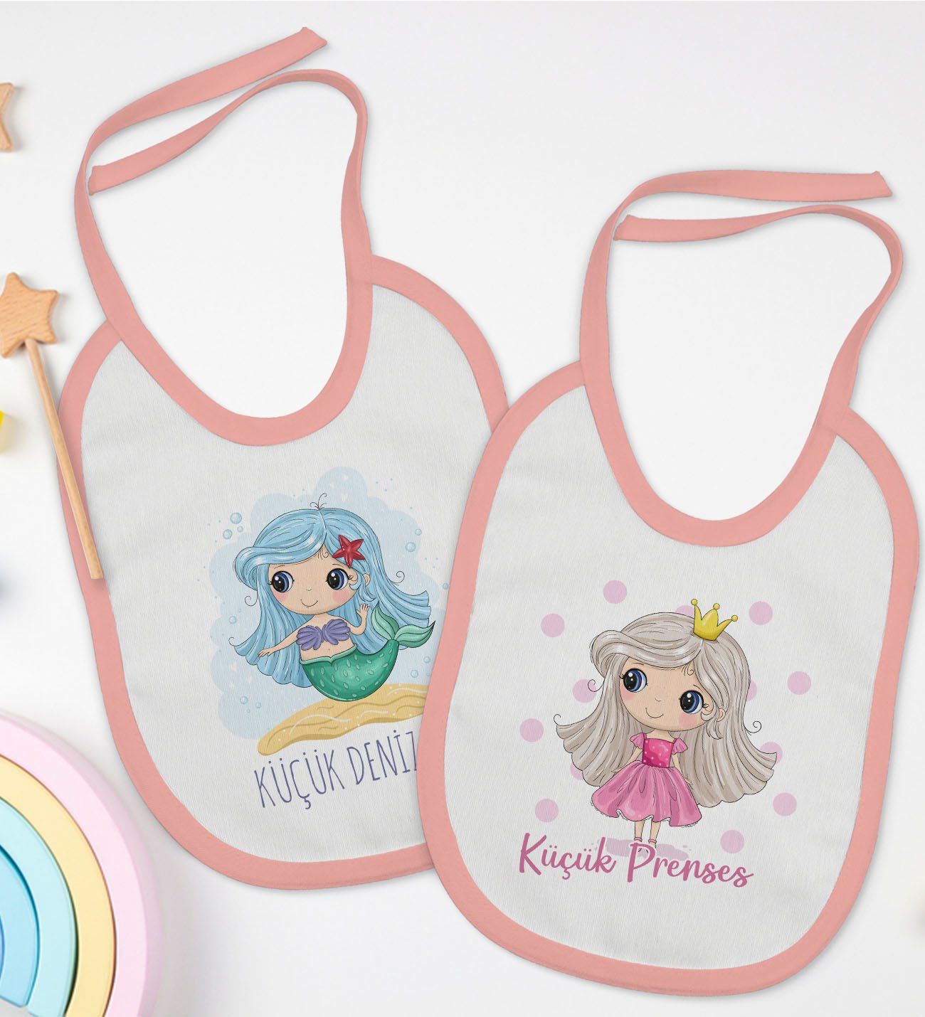 BK Kids Küçük Deniz Kızı ve Prenses Tasarımlı 2’li Pembe Mama Önlüğü-1