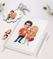 Kişiye Özel Sevgili Karikatürlü Beyaz Defter Kalem ve Anahtarlık Hediye Seti-54
