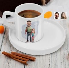 BK Gift Kişiye Özel Sunum Tabaklı Baba Kız Karikatürlü Kahve Fincanı-20, Aileye Hediye, Arkadaşa Hediye