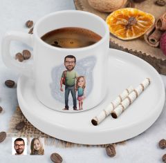 BK Gift Kişiye Özel Sunum Tabaklı Baba Kız Karikatürlü Kahve Fincanı-20, Aileye Hediye, Arkadaşa Hediye