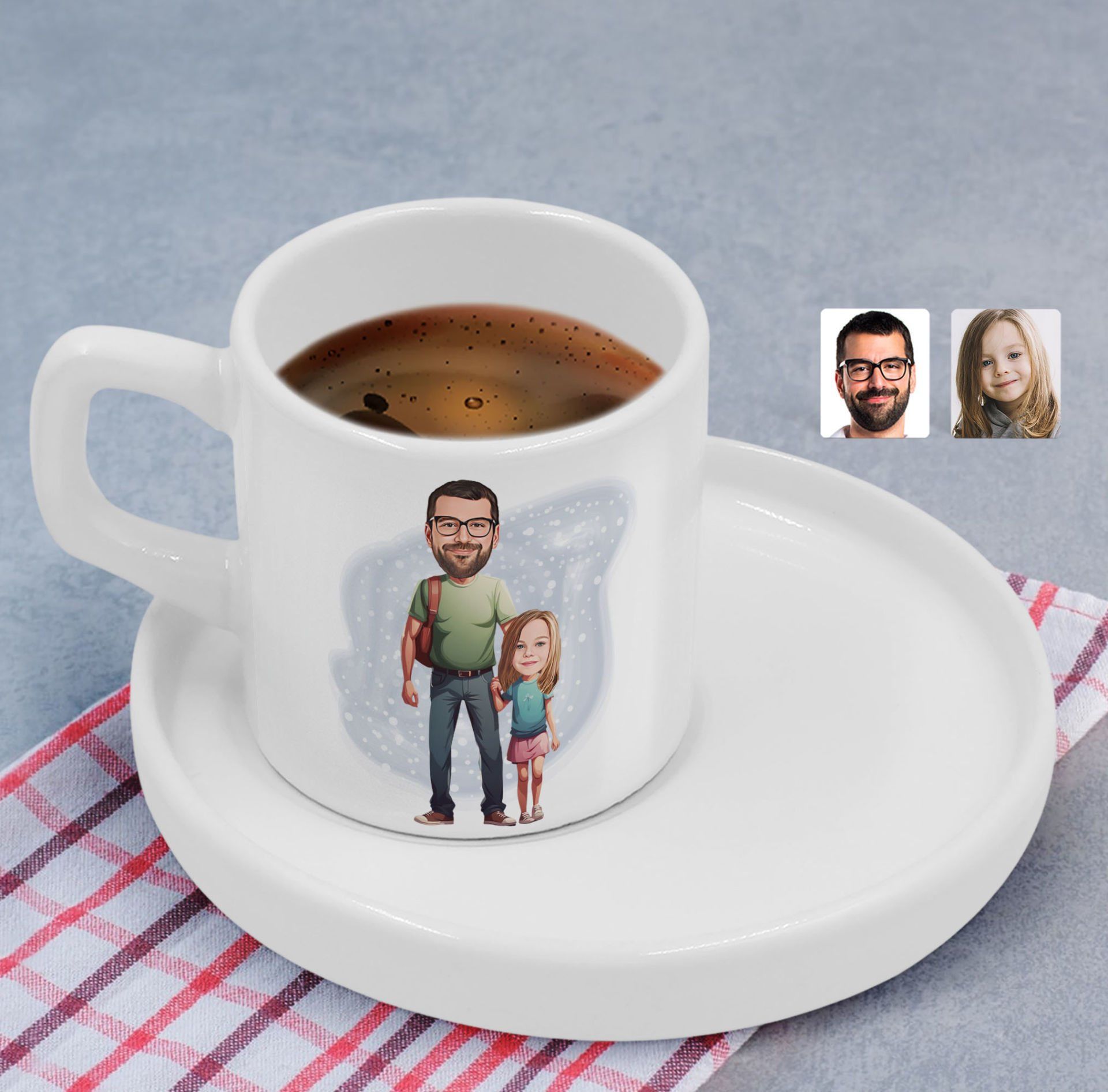 BK Gift Kişiye Özel Sunum Tabaklı Baba Kız Karikatürlü Kahve Fincanı-20, Aileye Hediye, Arkadaşa Hediye