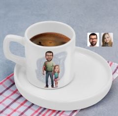 BK Gift Kişiye Özel Sunum Tabaklı Baba Kız Karikatürlü Kahve Fincanı-20, Aileye Hediye, Arkadaşa Hediye