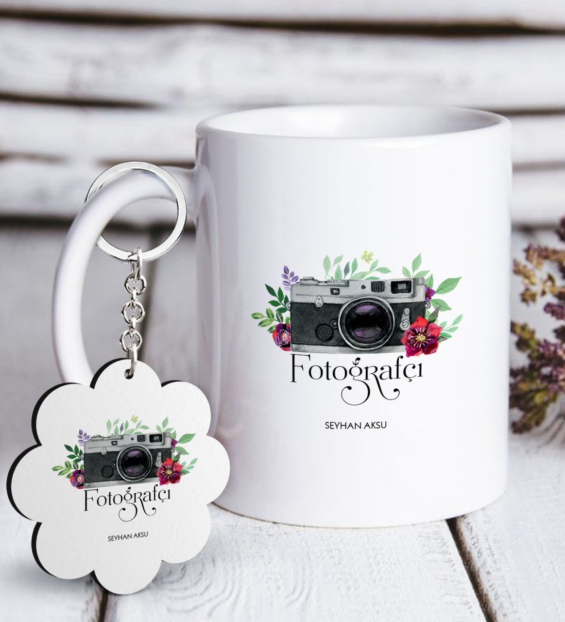 Kişiye Özel Mesleki Fotoğrafçı Beyaz Kupa ve Anahtarlık Hediye Seti