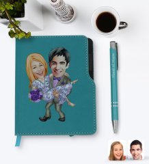 Kişiye Özel Sevgililer Karikatürlü Turkuaz Termo Deri Defter Kalem Seti-56