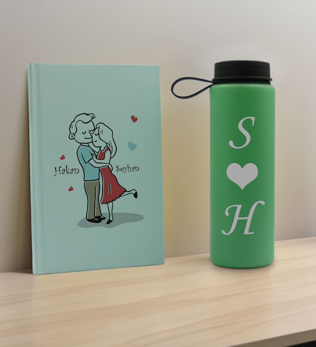 BK Gift Sevgiliye Özel İsimli Su Yeşili Defter ve Yeşil Cam Matara Hediye Seti-10, Sevgiliye Hediye, Sevgililer Günü, Yeni İş Hediyesi