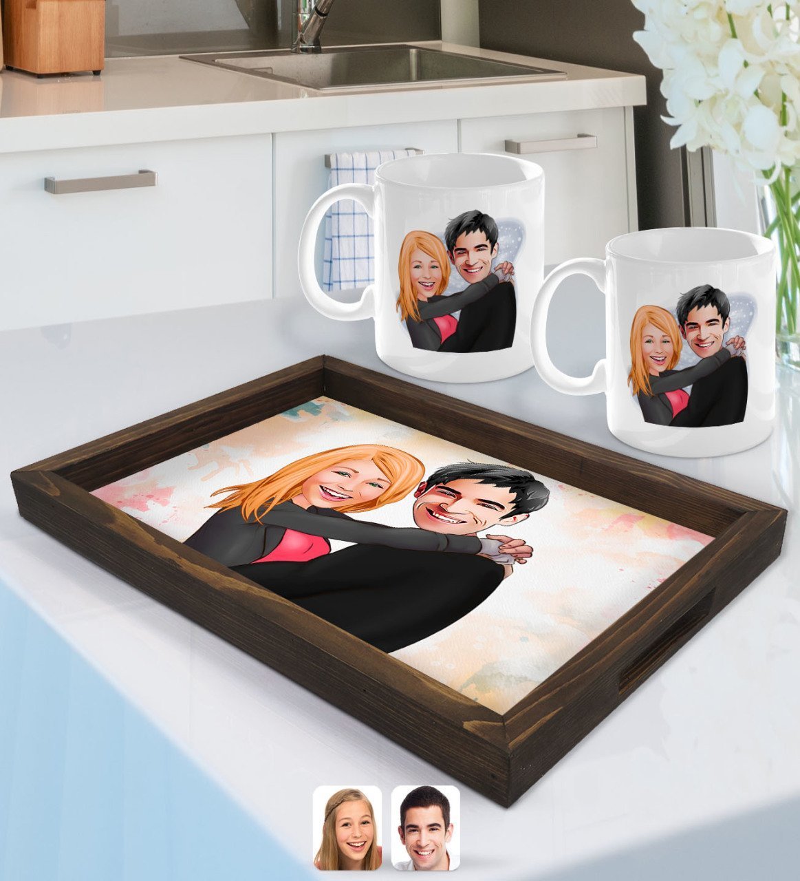 Kişiye Özel Sevgililer Karikatürlü Doğal Ahşap Tepsi ve 2’li Kupa Bardak Seti-88