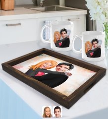 Kişiye Özel Sevgililer Karikatürlü Doğal Ahşap Tepsi ve 2’li Kupa Bardak Seti-88