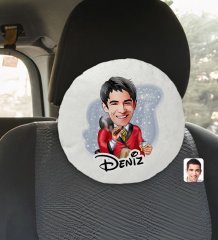 Kişiye Özel İsimli Erkek Patron Karikatürlü Yuvarlak Araç Koltuk Yastığı-2