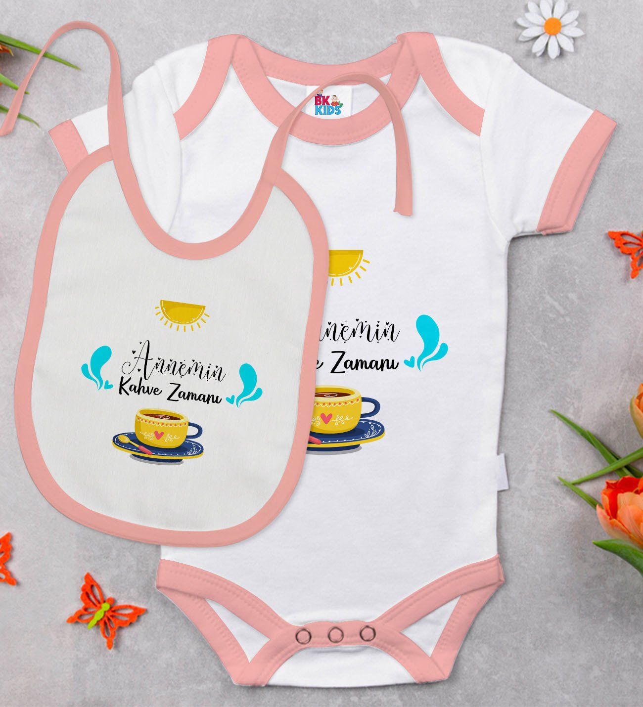 BK Kids Annemin Kahve Zamanı Tasarımlı Pembe Bebek Body Zıbın ve Mama Önlüğü Hediye Seti-1