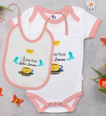 BK Kids Annemin Kahve Zamanı Tasarımlı Pembe Bebek Body Zıbın ve Mama Önlüğü Hediye Seti-1