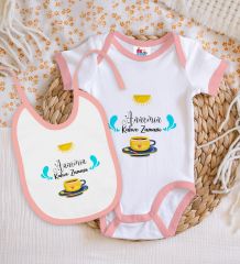 BK Kids Annemin Kahve Zamanı Tasarımlı Pembe Bebek Body Zıbın ve Mama Önlüğü Hediye Seti-1