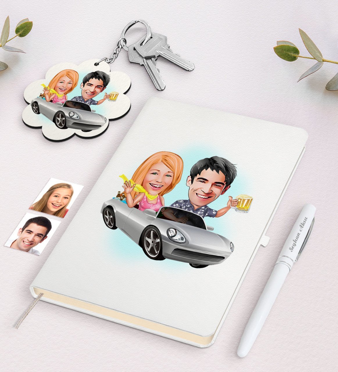 Kişiye Özel Sevgili Karikatürlü Beyaz Defter Kalem ve Anahtarlık Hediye Seti-53