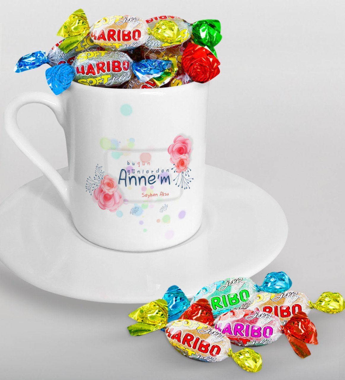 Kişiye Özel Bugün Günlerden Annem Tasarımlı Türk Kahvesi Fincanı ve Haribo Şeker Hediye Seti-1