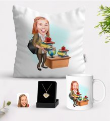 Kişiye Özel Bayan Öğretmen Karikatürlü Beyaz Kupa Yastık ve İsimli Papatya Kolye Hediye Seti-4