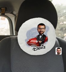 Kişiye Özel İsimli Erkek Patron Karikatürlü Yuvarlak Araç Koltuk Yastığı-1