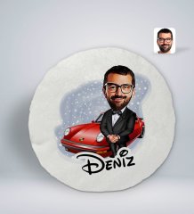 Kişiye Özel İsimli Erkek Patron Karikatürlü Yuvarlak Araç Koltuk Yastığı-1