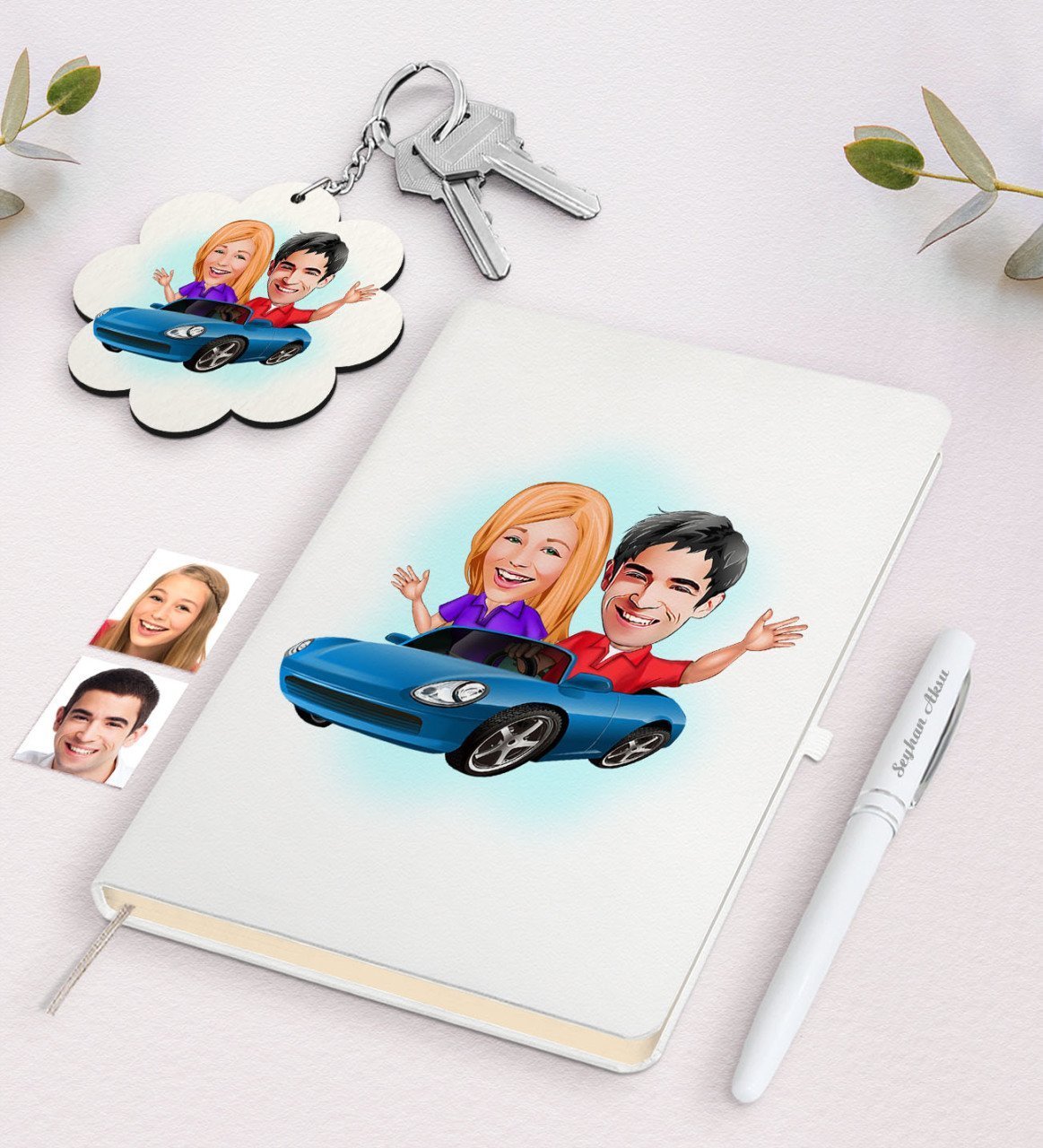 Kişiye Özel Sevgili Karikatürlü Beyaz Defter Kalem ve Anahtarlık Hediye Seti-52