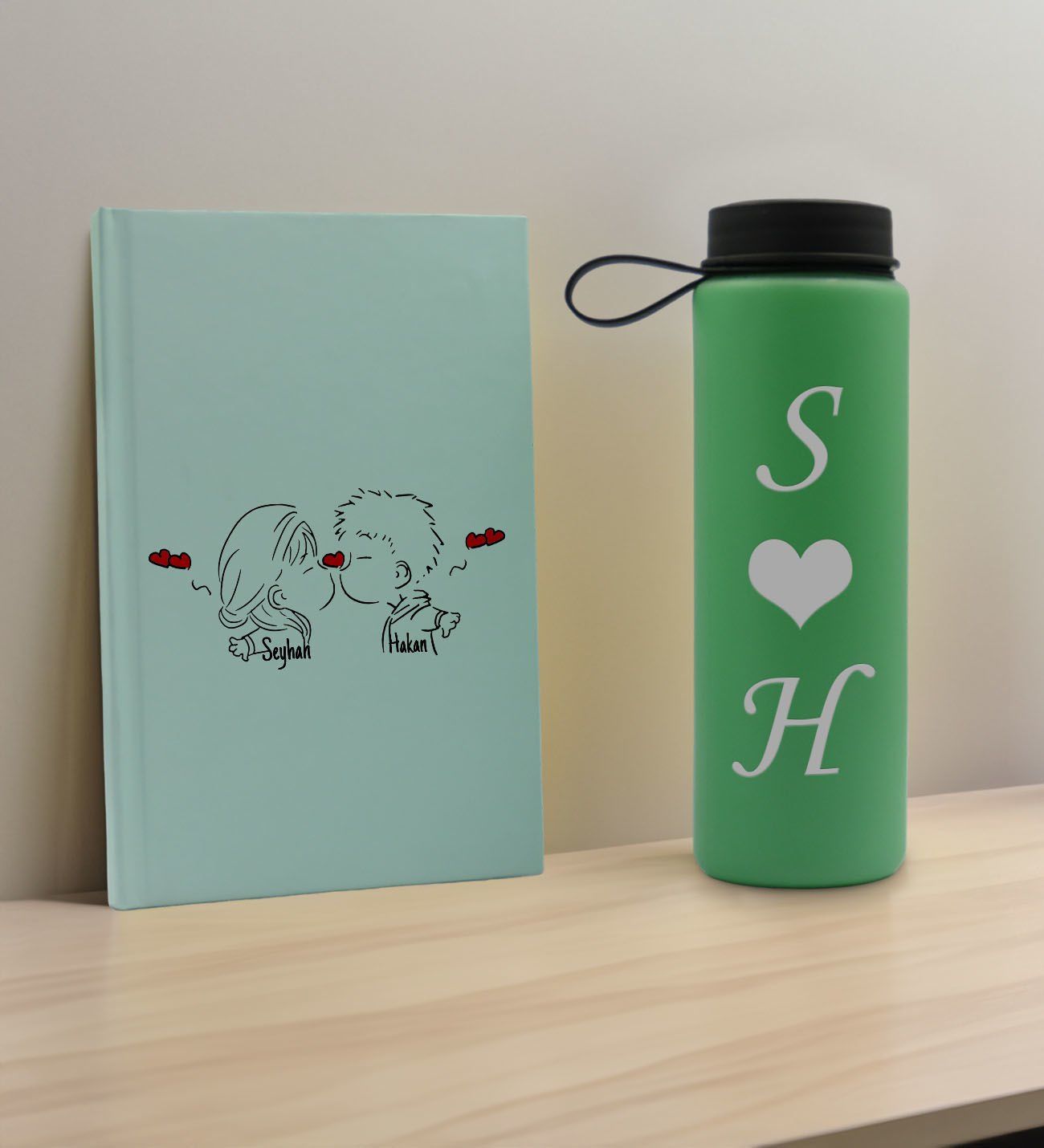 BK Gift Sevgiliye Özel İsimli Su Yeşili Defter ve Yeşil Cam Matara Hediye Seti-8, Sevgiliye Hediye, Sevgililer Günü, Yeni İş Hediyesi