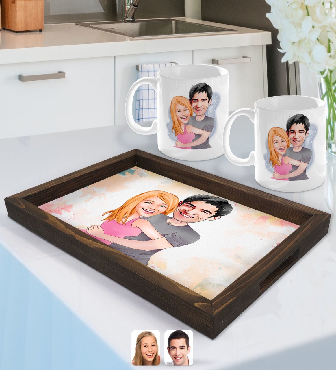 Kişiye Özel Sevgililer Karikatürlü Doğal Ahşap Tepsi ve 2’li Kupa Bardak Seti-86