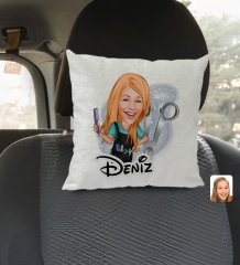 Kişiye Özel İsimli Kadın Kuaför Karikatürlü Kare Araç Koltuk Yastığı-1