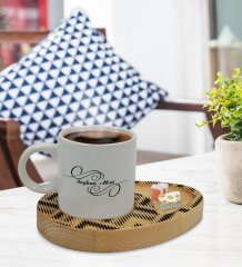 Kişiye Özel Modern Art Tasarımlı Doğal Ahşap Tabaklı Türk Kahvesi Fincanı Sunum Seti Model 17
