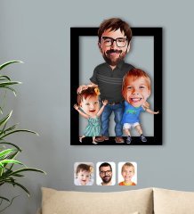 Kişiye Özel Baba Oğul Kız Karikatürlü 3D Ahşap Tablo-1