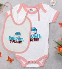 BK Kids Kahvaltı Zamanı Tasarımlı Pembe Bebek Body Zıbın ve Mama Önlüğü Hediye Seti-1