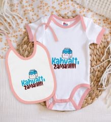 BK Kids Kahvaltı Zamanı Tasarımlı Pembe Bebek Body Zıbın ve Mama Önlüğü Hediye Seti-1