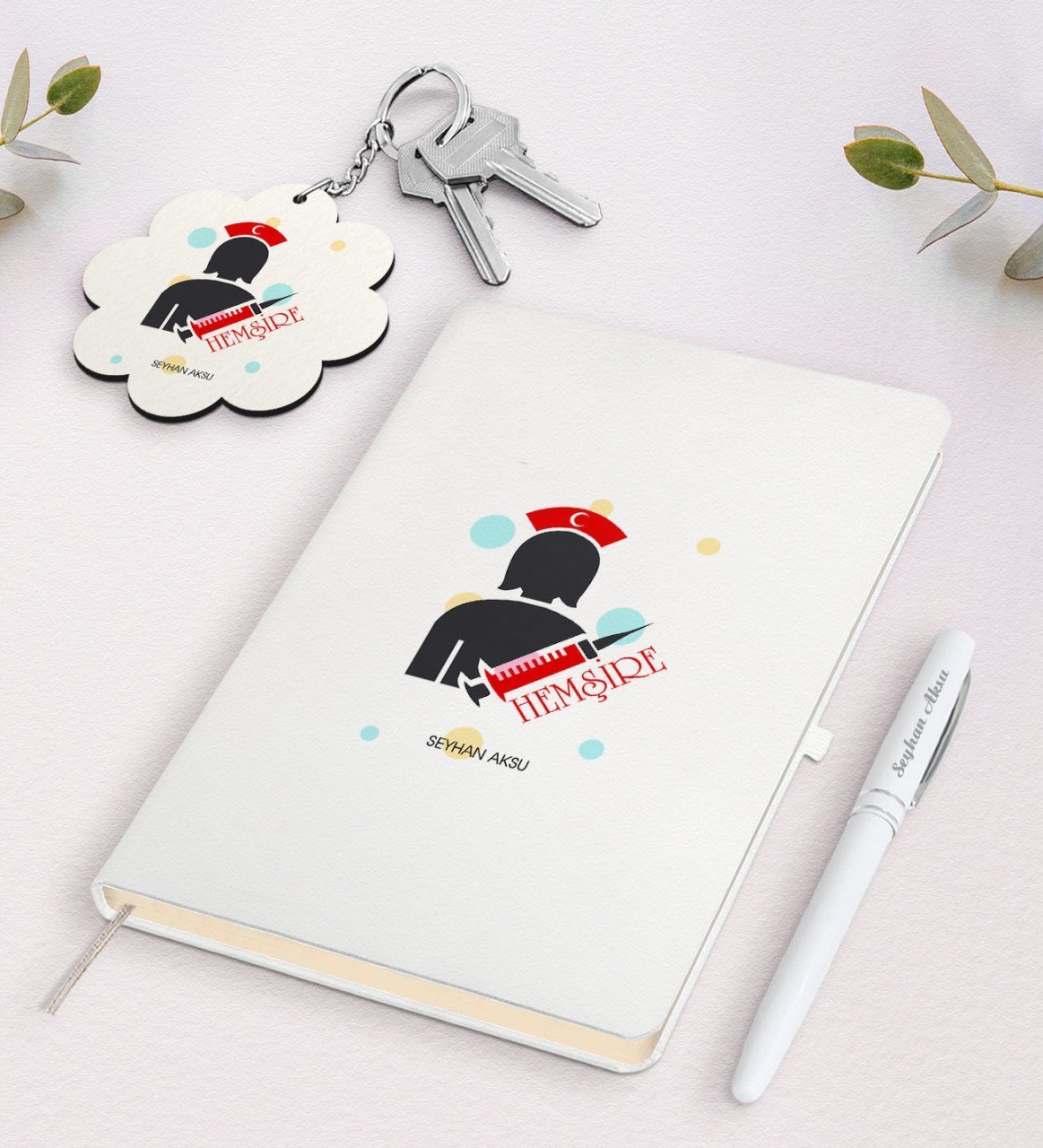 Kişiye Özel Hemşire Beyaz Defter Kalem ve Anahtarlık Hediye Seti-3
