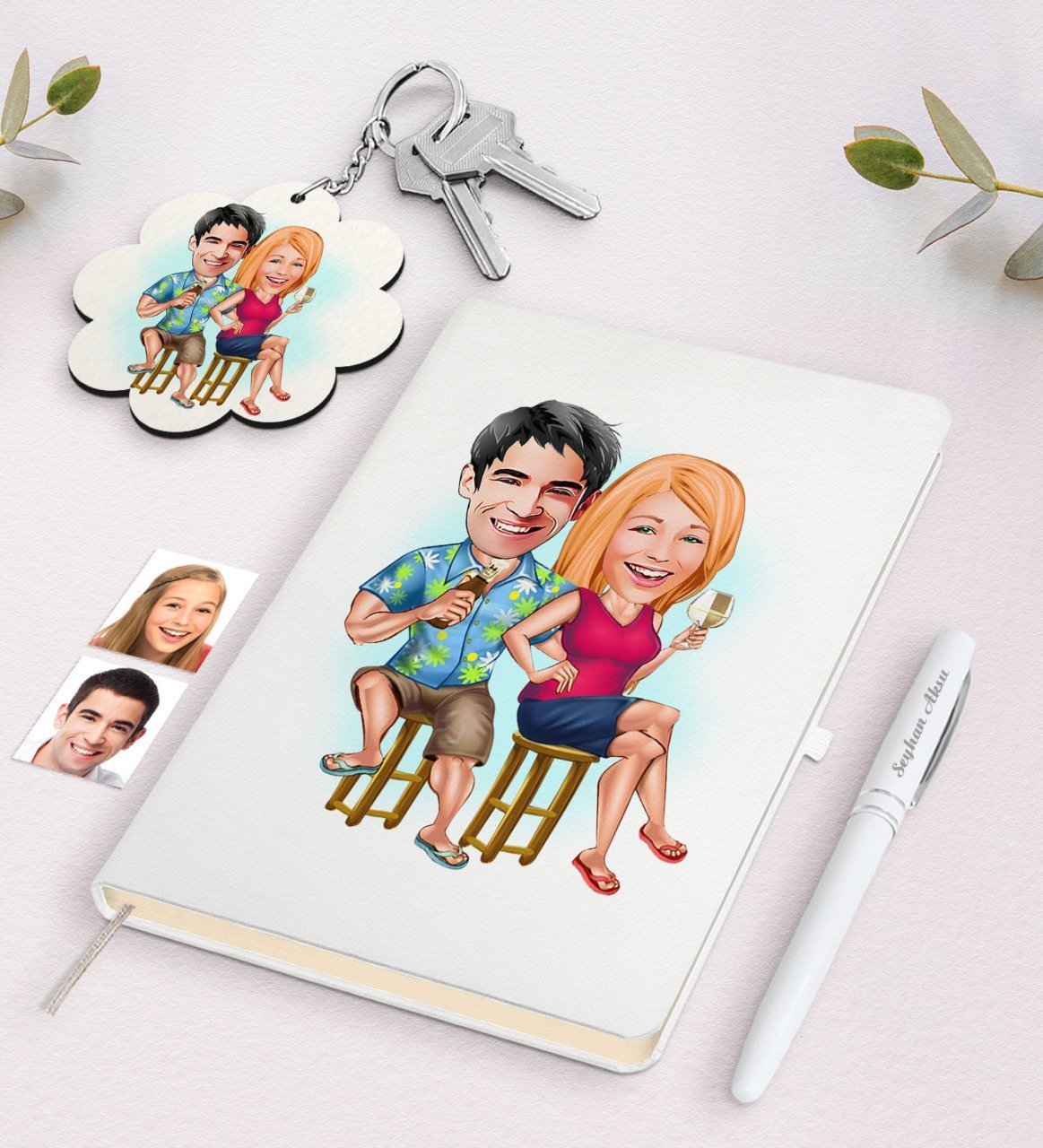 Kişiye Özel Sevgili Karikatürlü Beyaz Defter Kalem ve Anahtarlık Hediye Seti-51