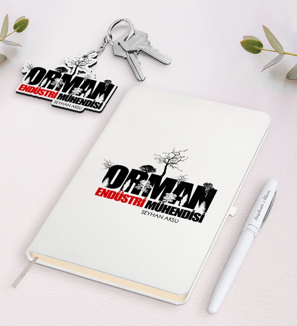 Kişiye Özel Orman Endüstri Mühendisi Beyaz Defter Kalem Ve Anahtarlık Hediye Seti
