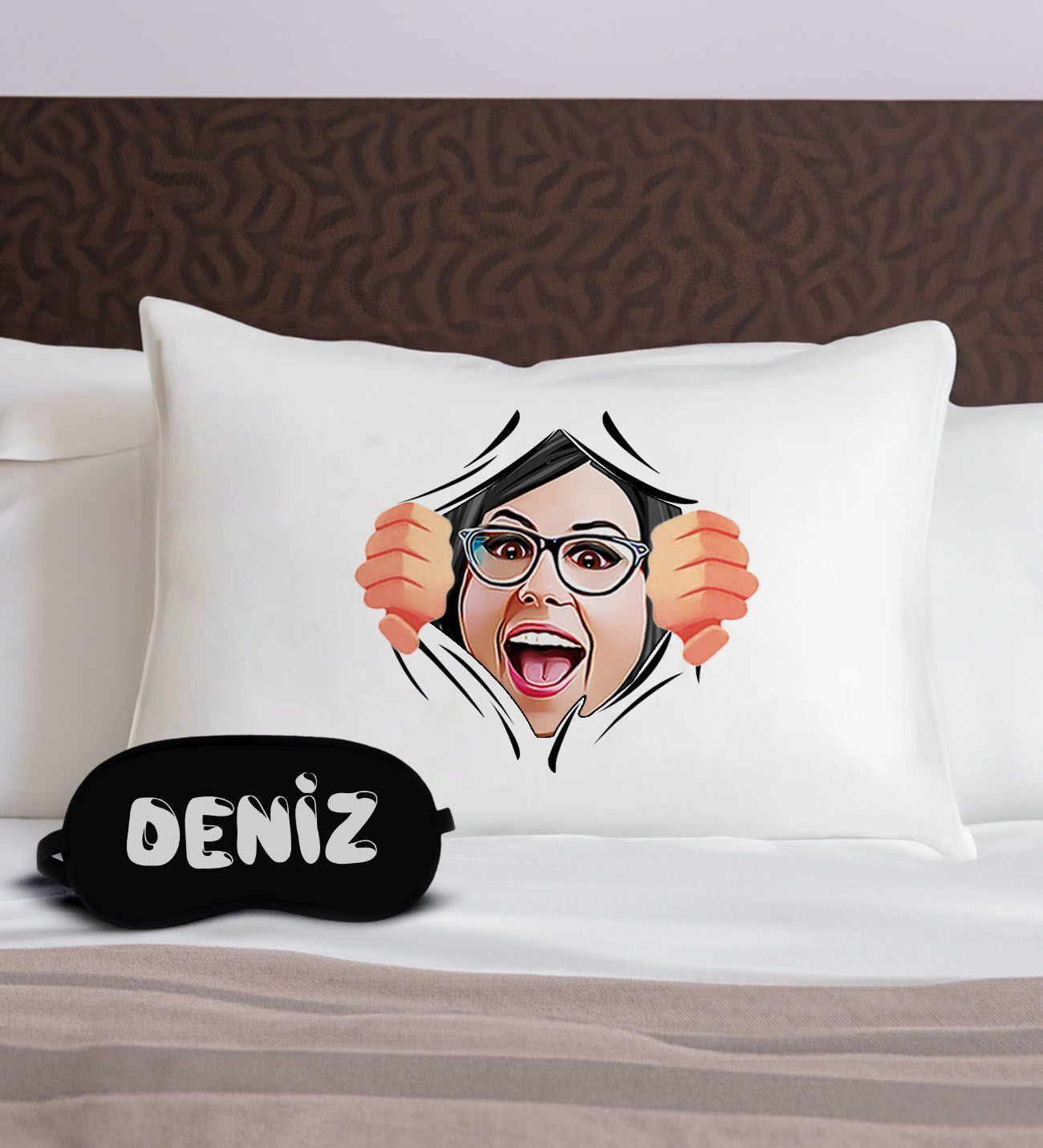 BK Gift Kişiye Özel Karikatürlü Pamuklu Yastık Kılıfı ve Göz Bandı Uyku Seti-2, Tasarım Ev Tekstili, Uyku Bandı, Ev Hediyesi