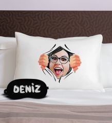 BK Gift Kişiye Özel Karikatürlü Pamuklu Yastık Kılıfı ve Göz Bandı Uyku Seti-2, Tasarım Ev Tekstili, Uyku Bandı, Ev Hediyesi