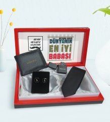 Kişiye Özel Dünyanın En İyi Babası Tasarımlı Mesajlı Kutuda Cüzdan Çakmak Kravat ve Kol Düğmesi Hediye Seti-1