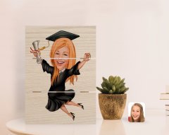 Kişiye Özel Kadın Mezun Karikatürlü Otantik Masaüstü Ahşap Palet Çerçeve-1