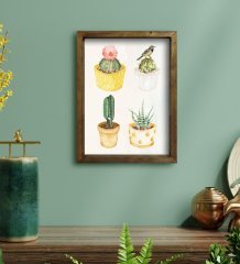 BK Gift Kaktüsler Tasarımlı Doğal Masif Ahşap Çerçeveli Tablo 30x40cm-2