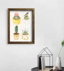 BK Gift Kaktüsler Tasarımlı Doğal Masif Ahşap Çerçeveli Tablo 30x40cm-2