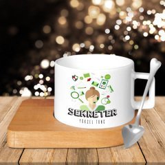 Kişiye Özel Mesleki Sekreter Ahşap Altlıklı Seramik Fincan