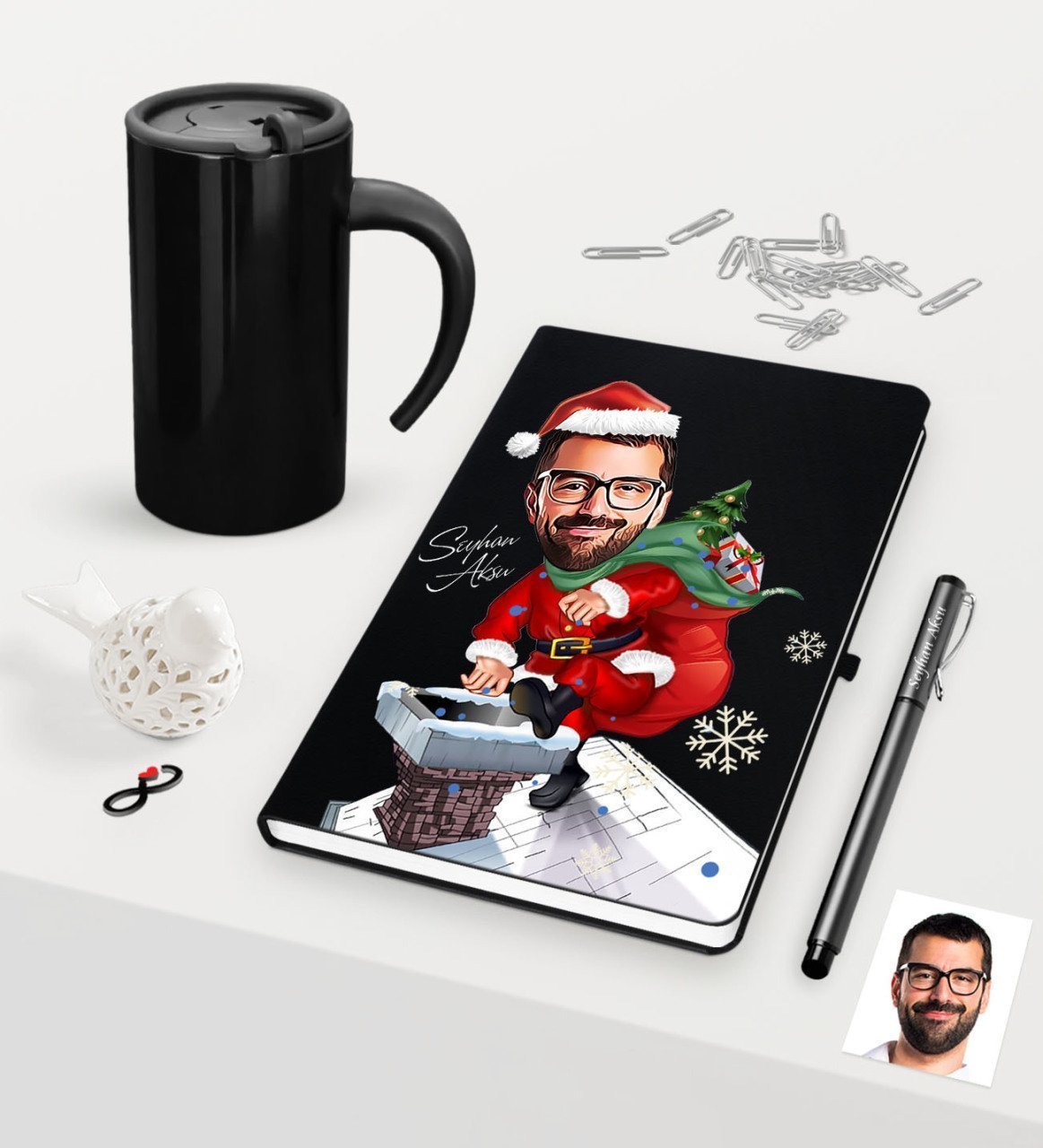 Kişiye Özel Yılbaşı Bay Karikatürlü Siyah Defter Kalem Termos Mug Seti - 3