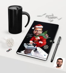 Kişiye Özel Yılbaşı Bay Karikatürlü Siyah Defter Kalem Termos Mug Seti - 3