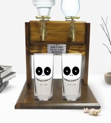 Kişiye Özel Renkli Baskılı Sevimli Korkunç Yüz Tasarımlı İkili Rakı Bardağı ve Çift Musluklu Doğal Ahşap Rakı Standı-1