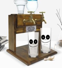 Kişiye Özel Renkli Baskılı Sevimli Korkunç Yüz Tasarımlı İkili Rakı Bardağı ve Çift Musluklu Doğal Ahşap Rakı Standı-1